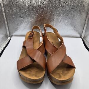Bayton Women's Brown Leather Cork Heels Sandals - Women's Size 9